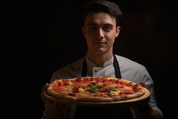 A chef holds a pizza in front of a dark background.