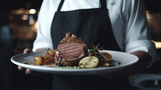 A chef holds a plate of food with a piece of meat on it