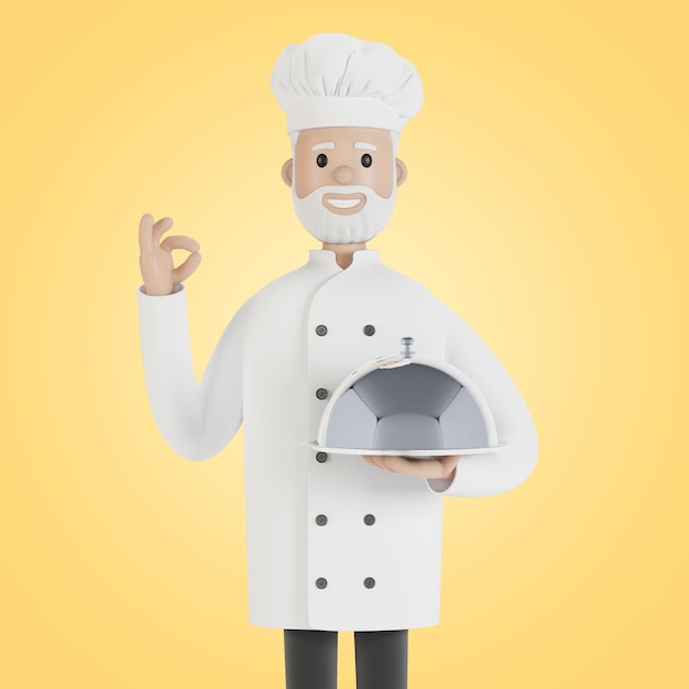 The chef holds a silver food tray and makes the perfect dish\
gesture 3d illustration in cartoon style