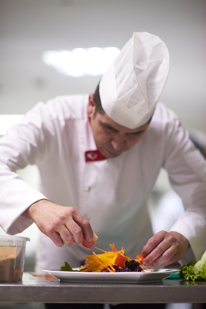 ホテルのキッチンのシェフが料理、おいしい野菜、肉骨粉の夕食を準備して飾ります