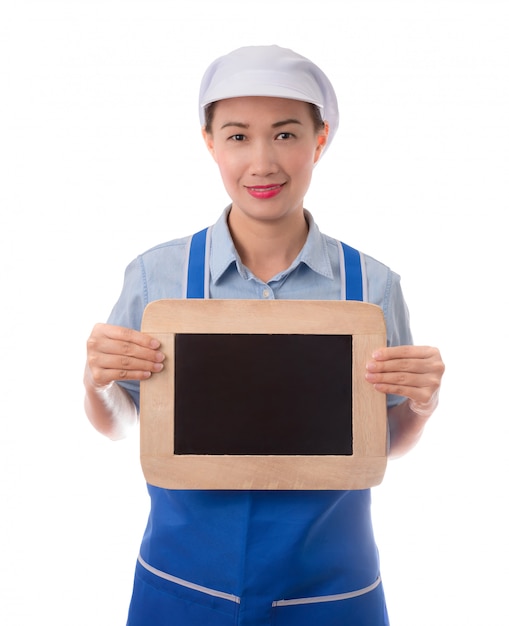 Chef, housewife showing blank menu sign blackboard or blank sign. 