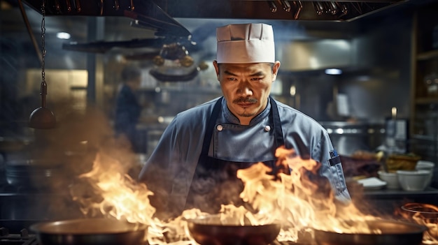 Chef in een Aziatisch restaurant keuken vlam en rook op de kachel
