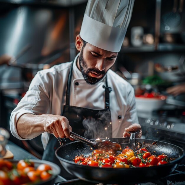 Chef in een professionele keuken die kersen tomaten in een pan kookt