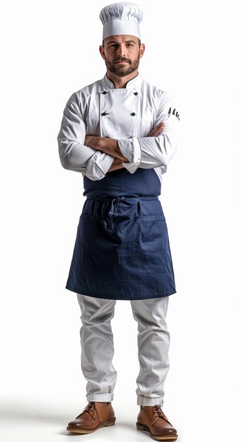 Chef in uniform met gekruiste armen.