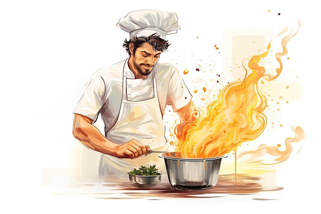 Фото Шеф-повар в белой форме готовит макароны alla carbonara в кипящей воде