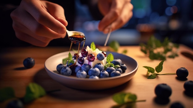 Photo a chef incorporating freshly picked blueberries into a mouthwatering dessert generative ai