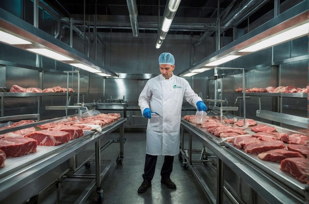 Photo chef inspecting meat in a facility