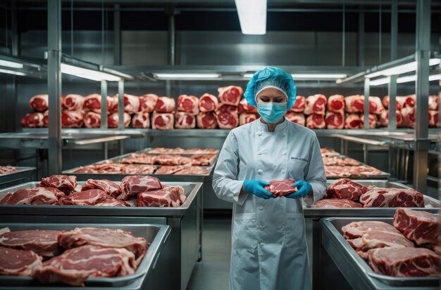 Photo chef inspecting meat in a facility