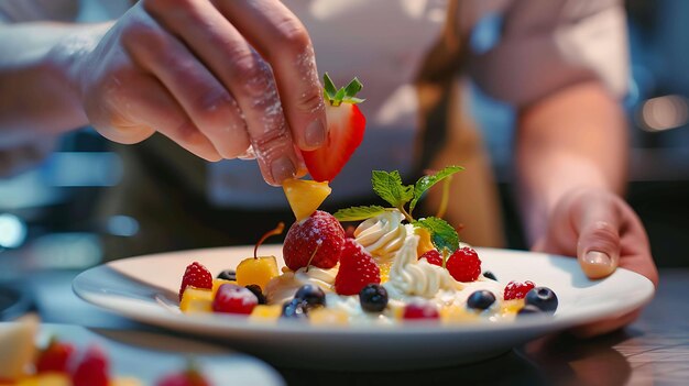 A chef is carefully adding the final touches to a beautiful fruit dessert The dessert is made up of layers of fresh fruit cream and cake