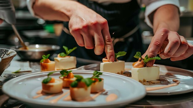 Photo a chef is carefully plating a dessert the dessert is a white square with a brown sauce and a green garnish