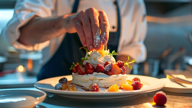 A chef is carefully sprinkling powdered sugar over a beautifully plated dessert