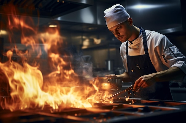 Шеф-повар готовит на кухне с горящей сковородой