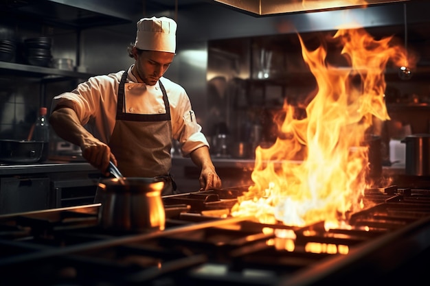 the chef is cooking in the kitchen With a frying pan on fire