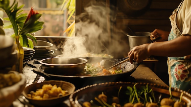 Photo a chef is cooking a meal in a large pot the chef is using a wooden spoon to stir the food the pot is on a stove