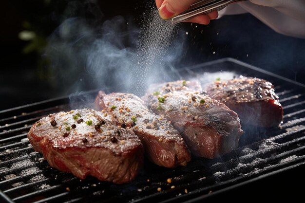 a chef is cooking steaks on a grill.