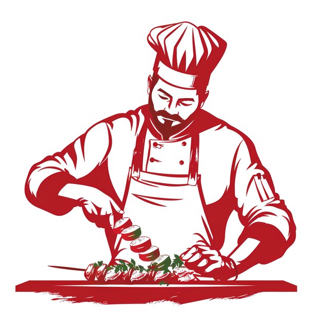 шеф-повар разрезает овощи на красно-белой картине