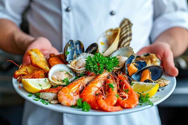 Foto un cuoco tiene in mano un piatto di frutti di mare tra cui ostriche di gamberetti e cozze