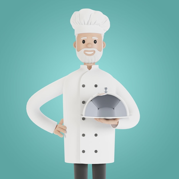 The chef is holding a silver food tray 3D illustration in cartoon style