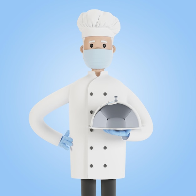 The chef is holding a silver food tray 3D illustration in cartoon style