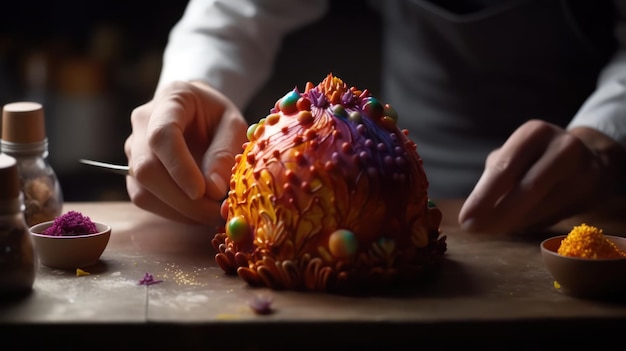 Photo a chef is making a cake with colorful icing.