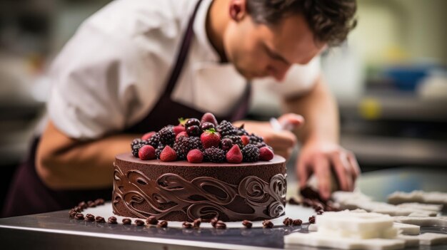 Foto lo chef sta facendo una torta al cioccolato.