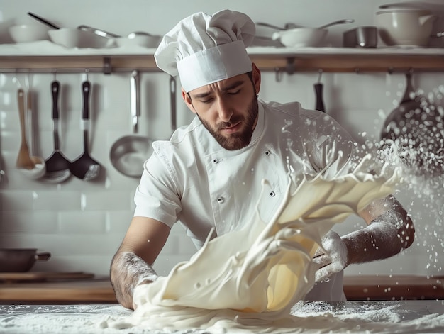 A chef is making dough in a kitchen