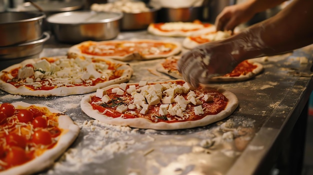 Foto uno chef sta facendo una pizza sta spargendo il formaggio sulla pizza ci sono altre pizza sul tavolo