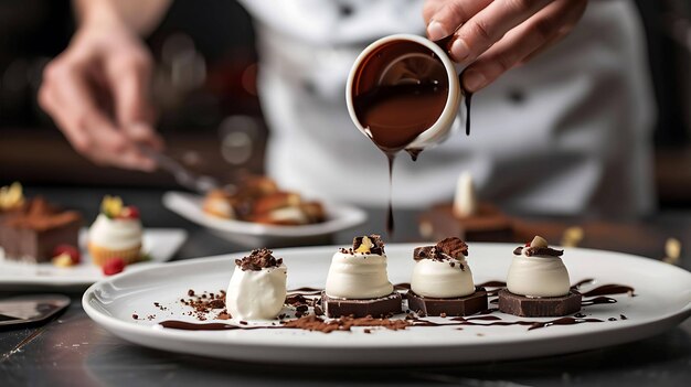 Photo a chef is pouring chocolate sauce over a plate of desserts the desserts are made of white chocolate and have a creamy filling