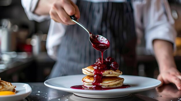 Photo a chef is pouring a red sauce on a plate of pancakes the pancakes are topped with blueberries and the sauce is being poured from a silver spoon