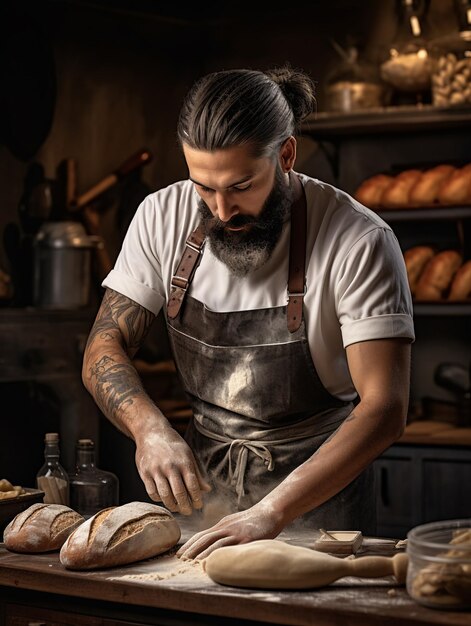 A chef is preparing bread dough in the kitchen