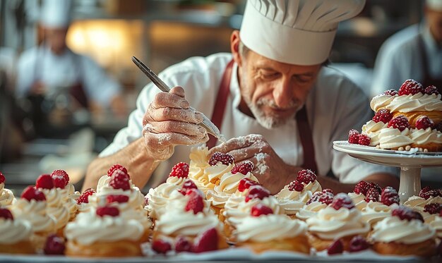 Photo a chef is preparing a dessert with a spoon in his hand