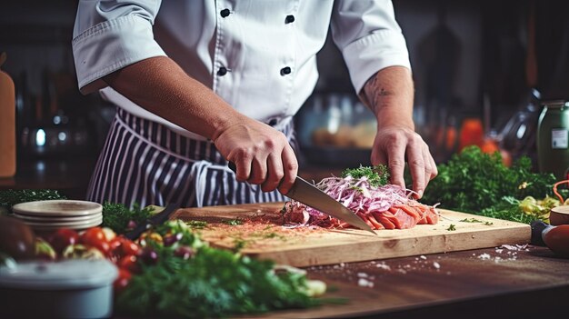 Photo chef is preparing food ingredients on a wooden board in a restaurant kitchen