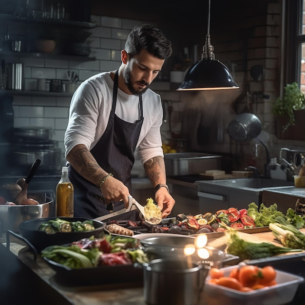 A chef is preparing food in the kitchen