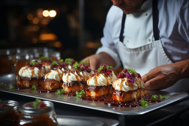 A chef is preparing a variety of desserts.