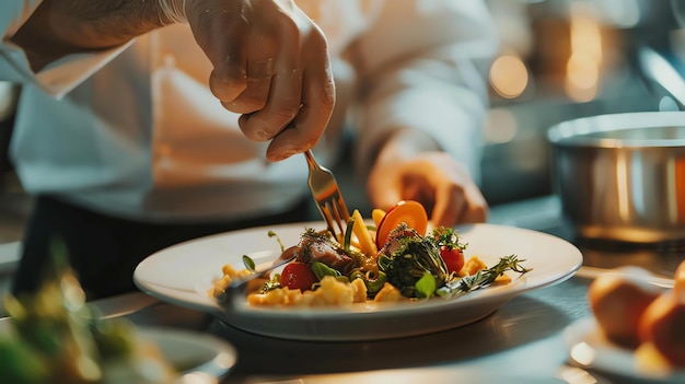 Foto un cuoco è mostrato mentre serve un piatto in una cucina di un ristorante. il piatto ha una bistecca, delle verdure e una salsa.