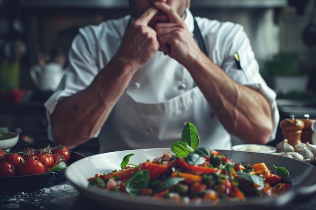 Foto un cuoco è seduto a un tavolo con un piatto di cibo davanti a lui