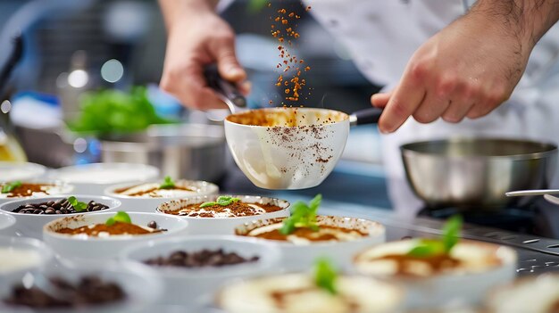 A chef is sprinkling cocoa powder over a dessert The dessert is in a white bowl and is surrounded by other desserts