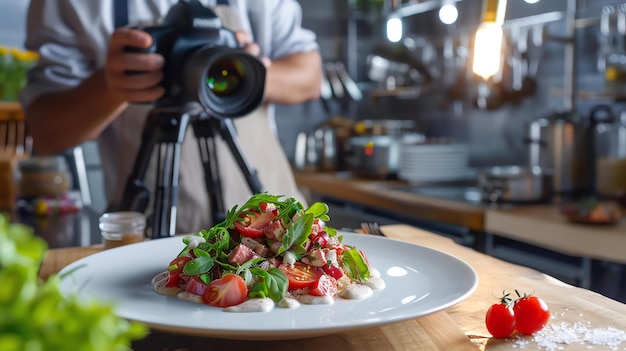 A chef is taking a photo of a deliciouslooking salad he has prepared