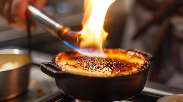 A chef is using a kitchen torch to caramelize the sugar on top of a creme brulee