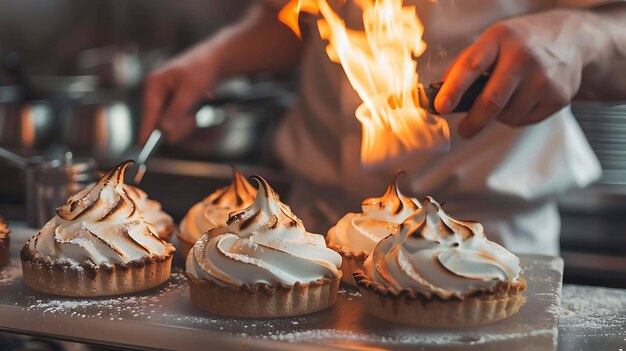 A chef is using a kitchen torch to caramelize the sugar on top of a meringue pie The pie is sitting on a metal baking sheet