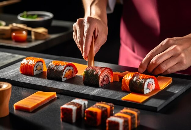 Chef Japanese cuisine in restaurant kitchen cooking only hands He is working sushi