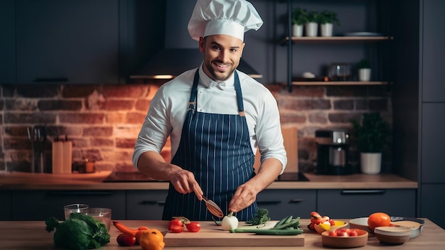 Chef in kitchen cooking with vegetables