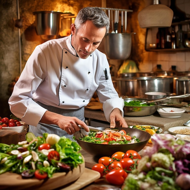 A chef in a kitchen is preparing a salad.