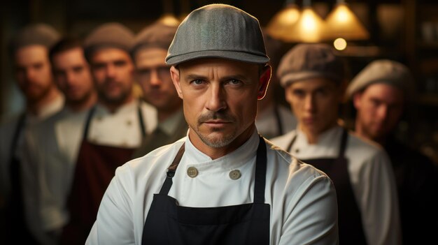 Foto chef in cucina guardando la telecamera con una squadra dietro