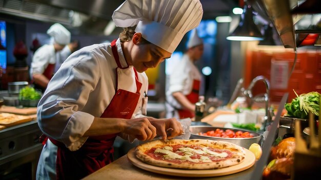 Chef in the kitchen prepares pizza