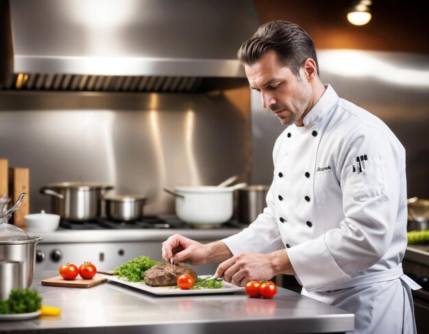 Photo a chef in a kitchen preparing food with a bottle of wine