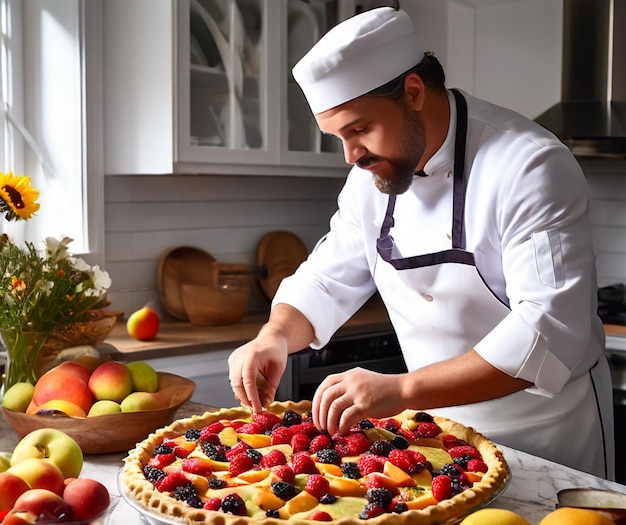 Foto chef in cucina che prepara la torta di frutta