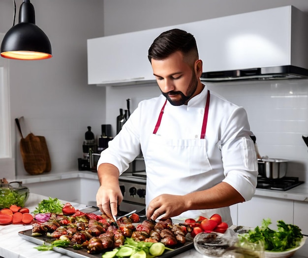 Photo chef in the kitchen preparing meat and kebab