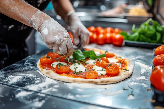 Chef in the kitchen of a restaurant prepares a pizza with cherry tomatoes and mozzarella cheese