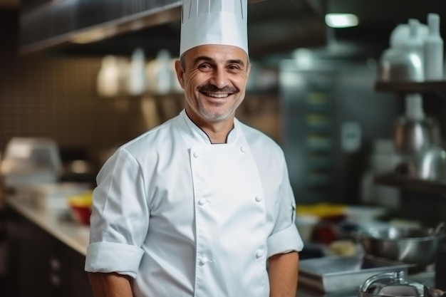 a chef in a kitchen smiling at the camera